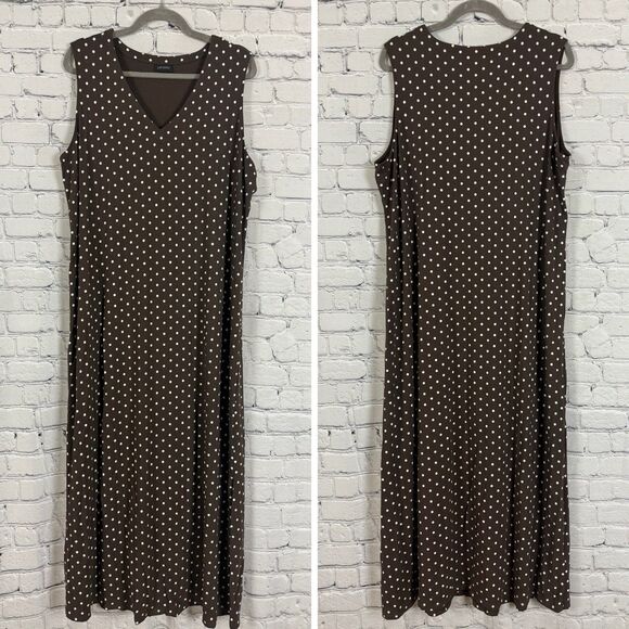 J Jill Wearever Polka Dot Jersey Knit Maxi Dress V-Neck Brown Womens Size XL - Picture 1 of 8